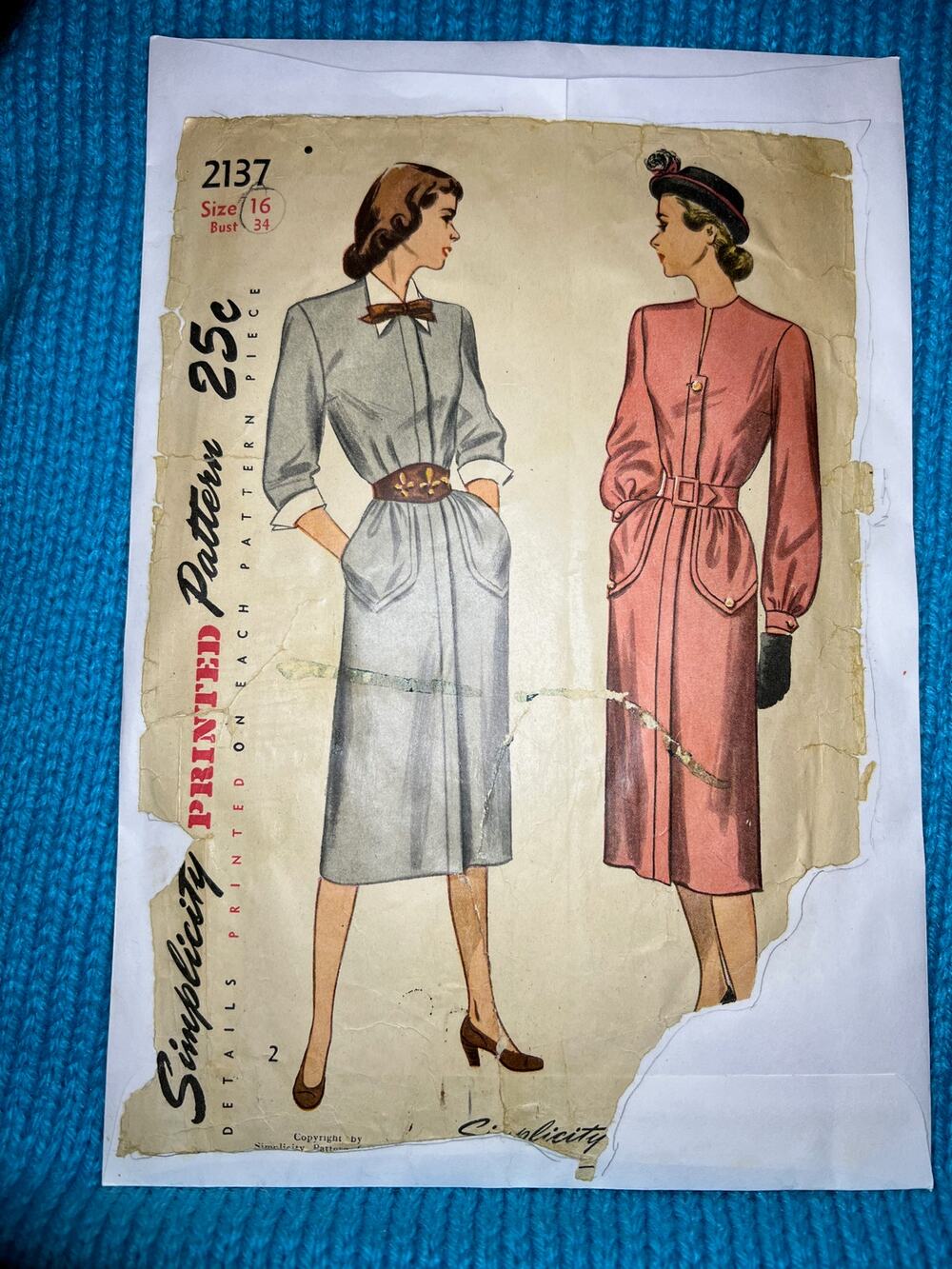Simplicity 2137 pattern shirt dress pockets 1950s size 16